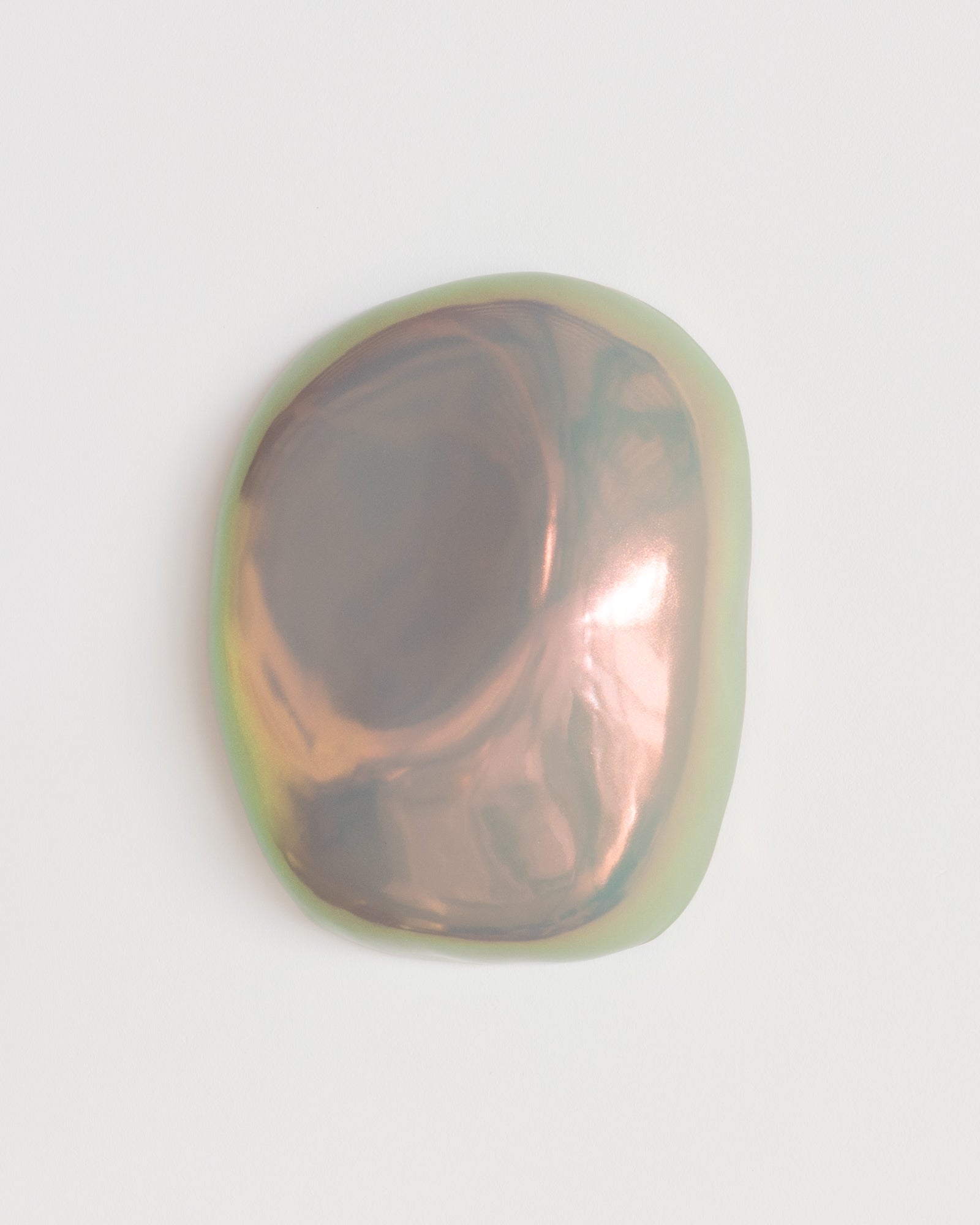 Side detail of Fragments 11 showing the framed ceramic fragment and taupe iridescent glaze
