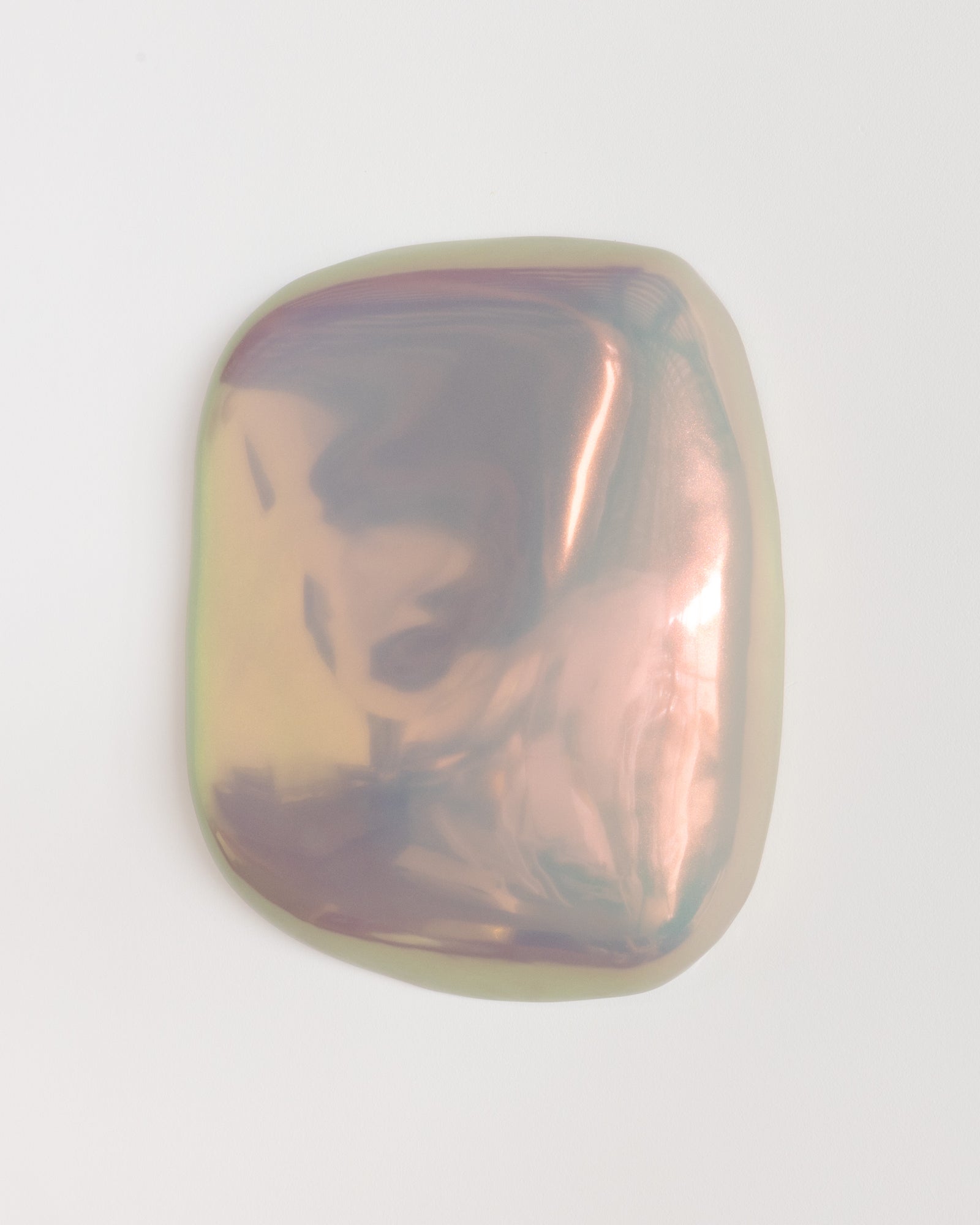 Side detail of Fragments 13 showing the framed ceramic fragment and lilac iridescent glaze