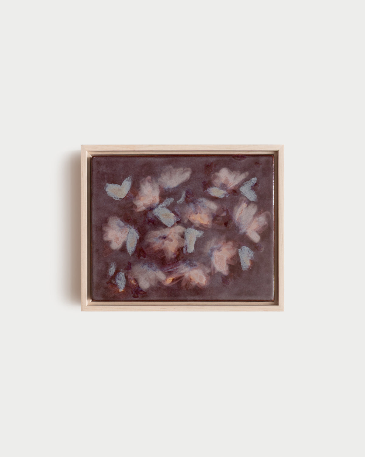 "Flutter" 10x8" framed glaze painting with pale blue and pink petal forms on deep burgundy