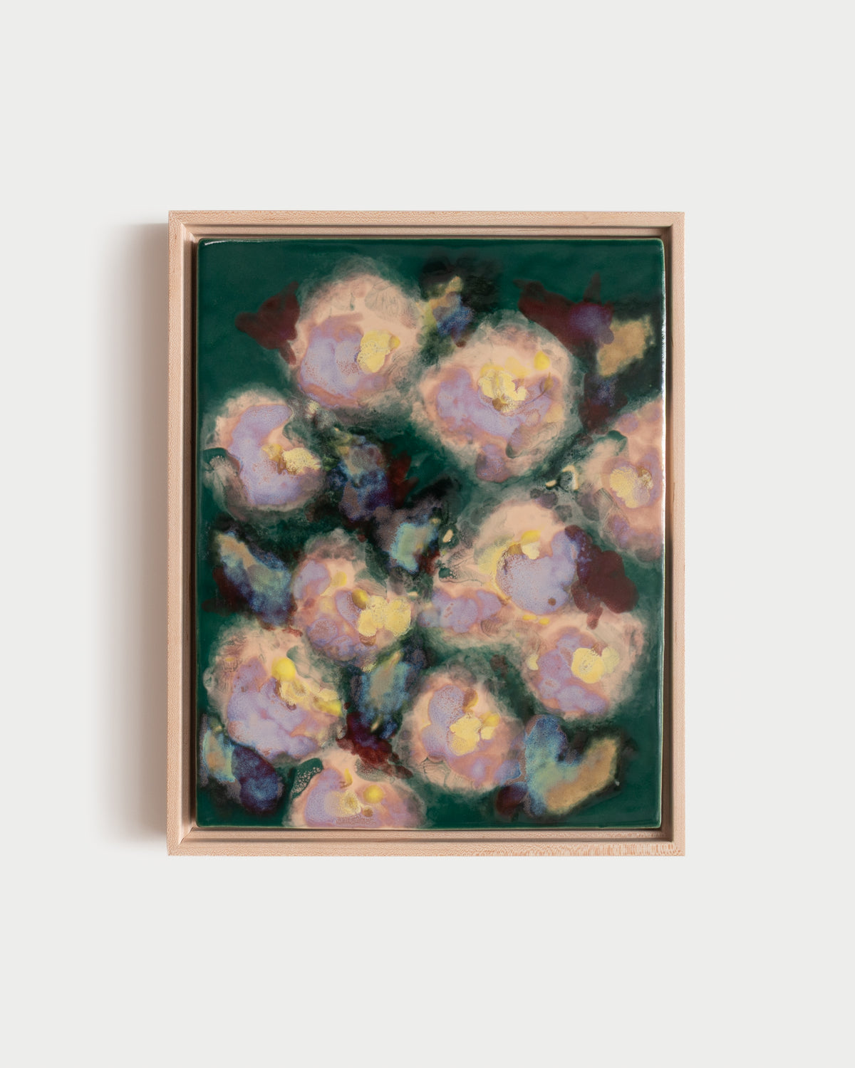 "I'll Be in the Garden" 11x14" framed glaze painting with clustered pale flowers on deep green