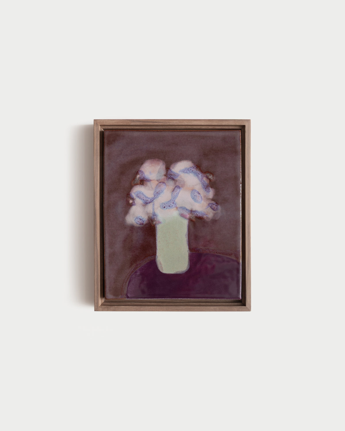 "A Taller Vase" 8x10" framed glaze painting with pale flowers in a green vase on burgundy