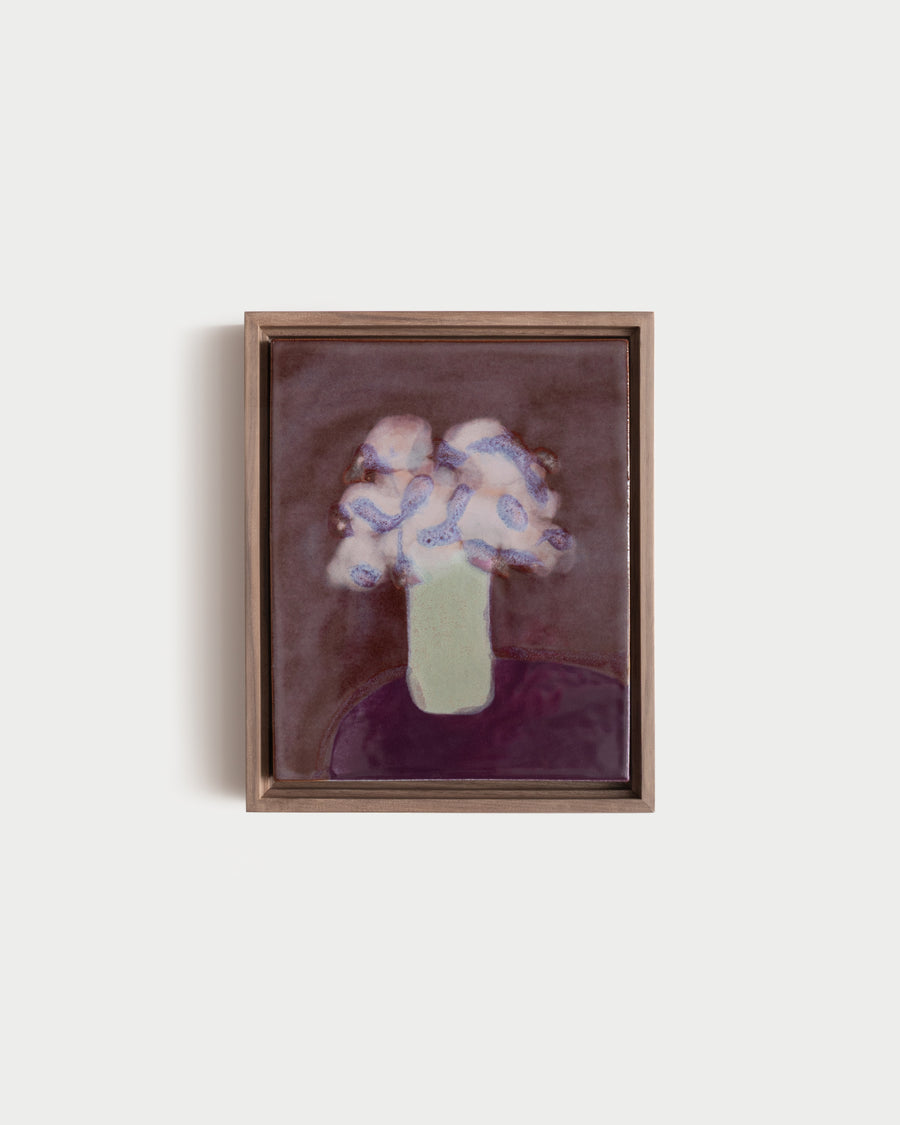 "A Taller Vase" 8x10" framed glaze painting with pale flowers in a green vase on burgundy