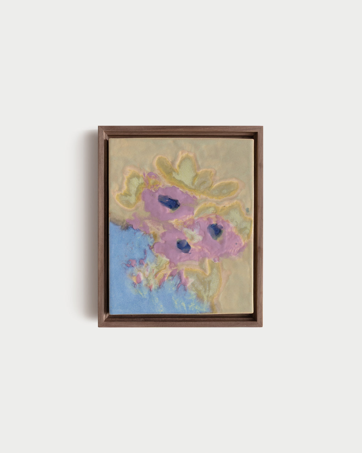 "Breakfast Table" 8x10" framed glaze painting with pink and yellow flowers on blue and cream