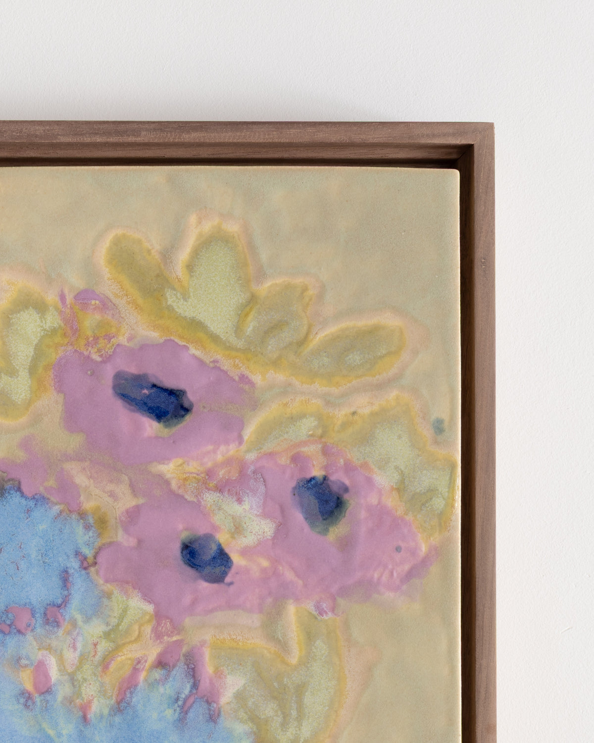 Close-up detail of "Breakfast Table" showing pink blossoms and yellow petal shapes