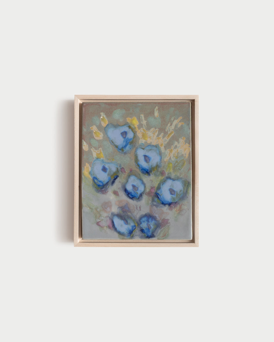 "Meadow" 8x10" framed glaze painting with blue flowers and yellow marks on a soft taupe surface