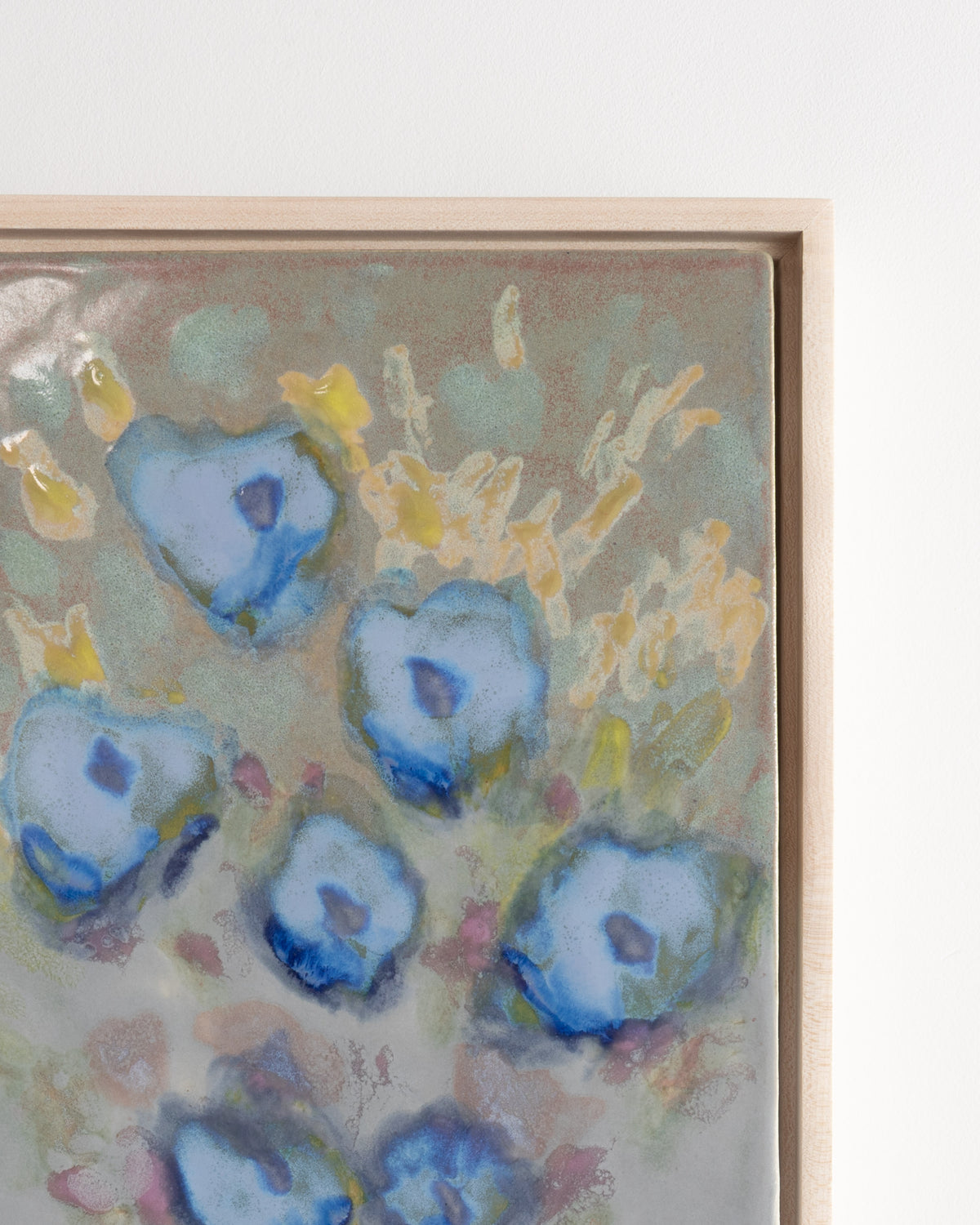 Close-up detail of "Meadow" showing blue blossoms and soft yellow strokes