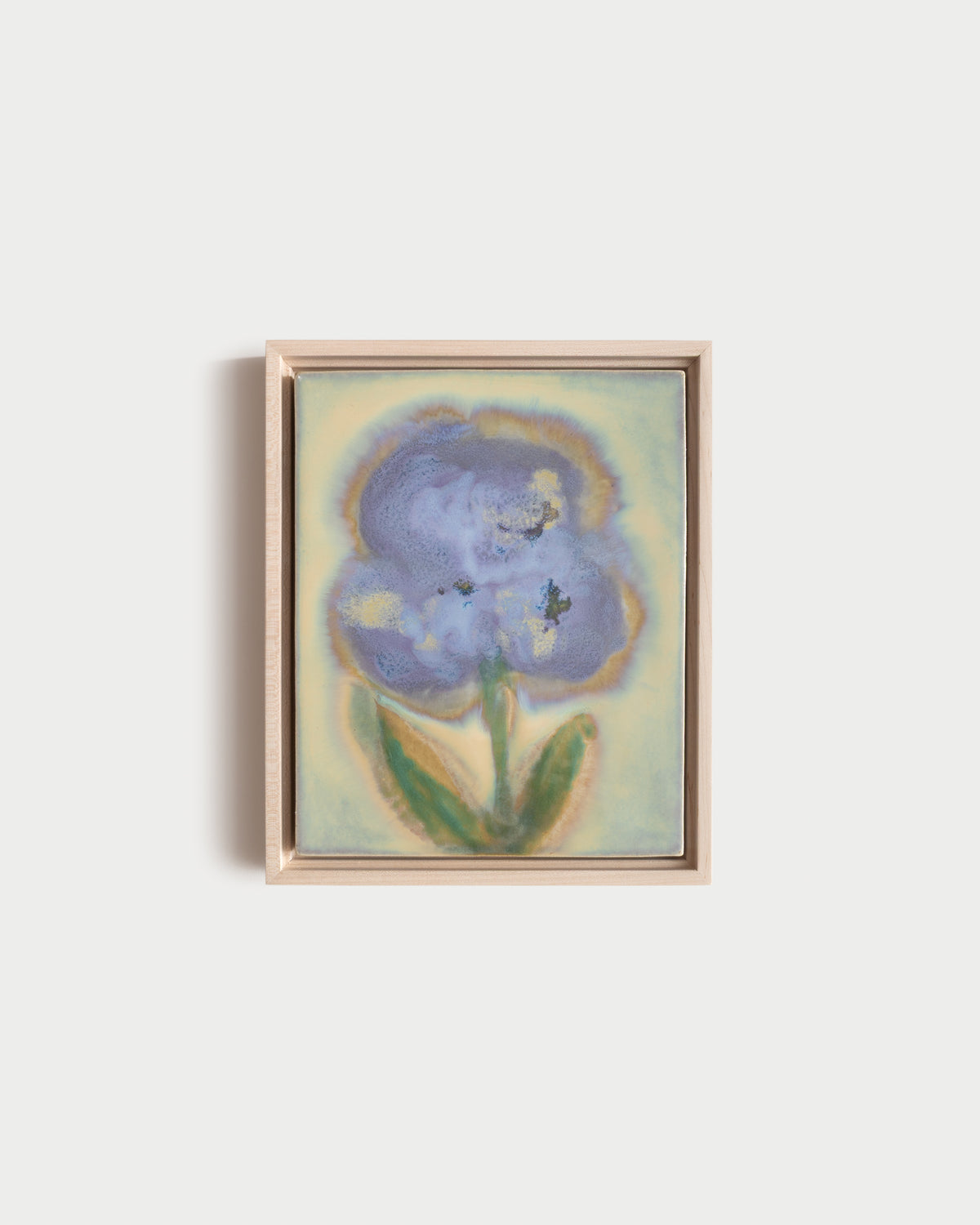 "Pollen" 8x10" framed glaze painting with a large blue flower and green leaves on pale green