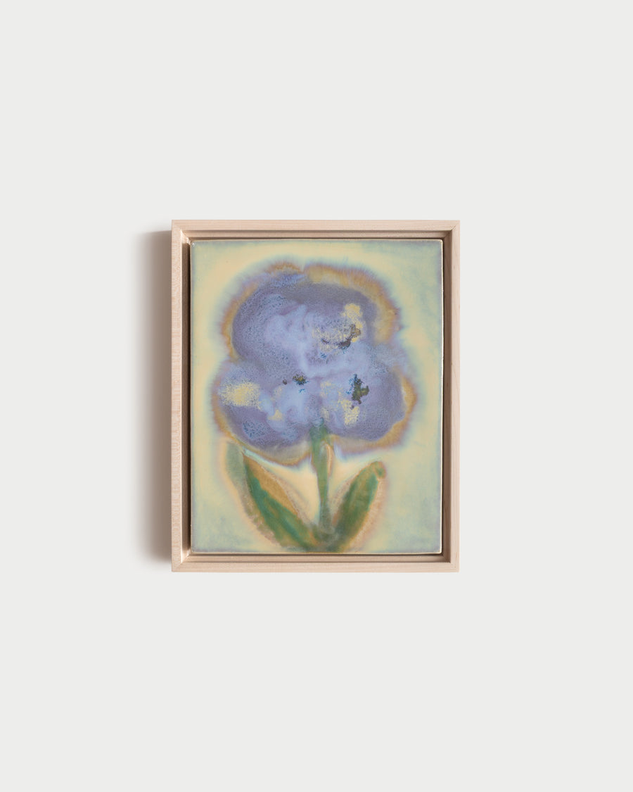 "Pollen" 8x10" framed glaze painting with a large blue flower and green leaves on pale green