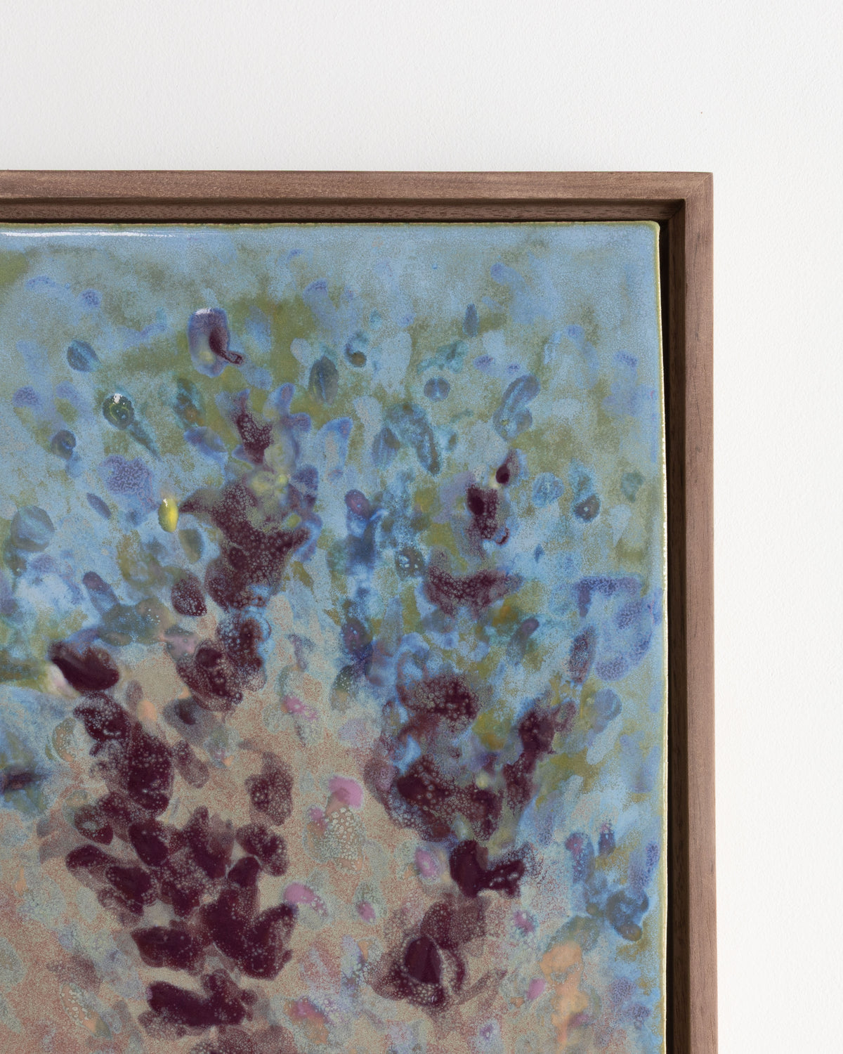Close-up detail of "Wildflowers" showing layered blue flowers and burgundy stems