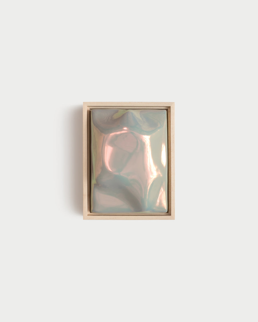Arp 6 x 8 ceramic wall relief with a soft abstract raised form and soft taupe iridescent glaze