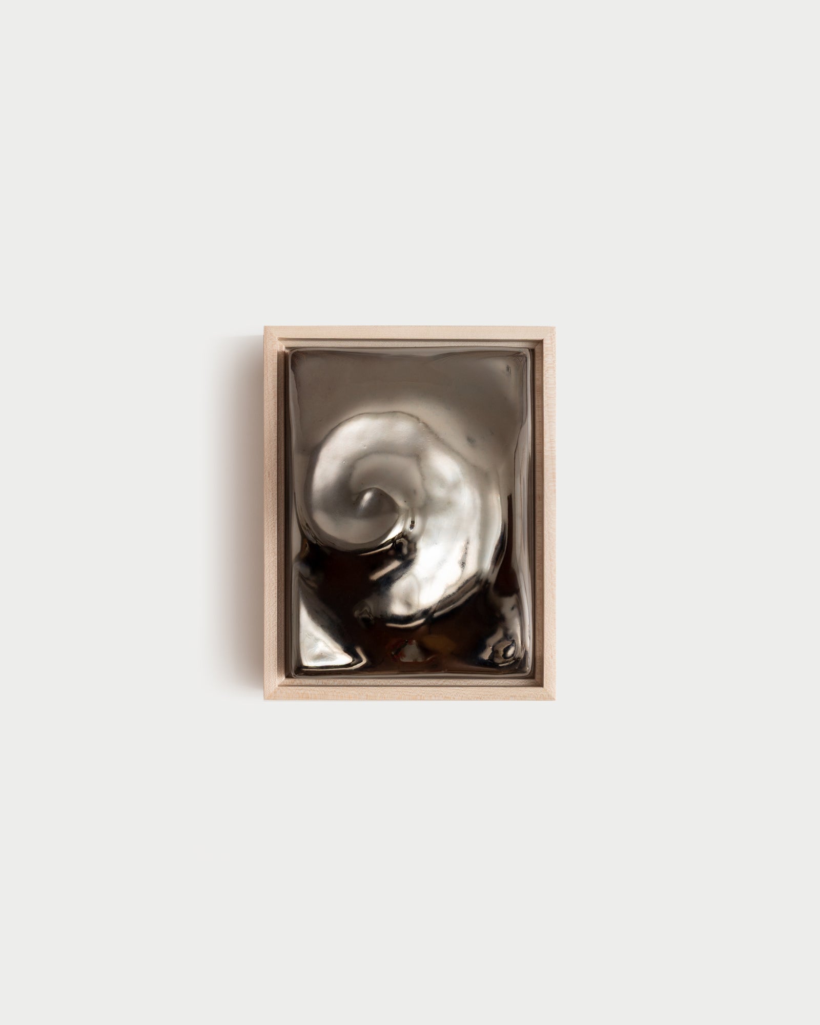 Nautilus 6x8" ceramic wall relief with a raised spiral form and dark chrome glaze