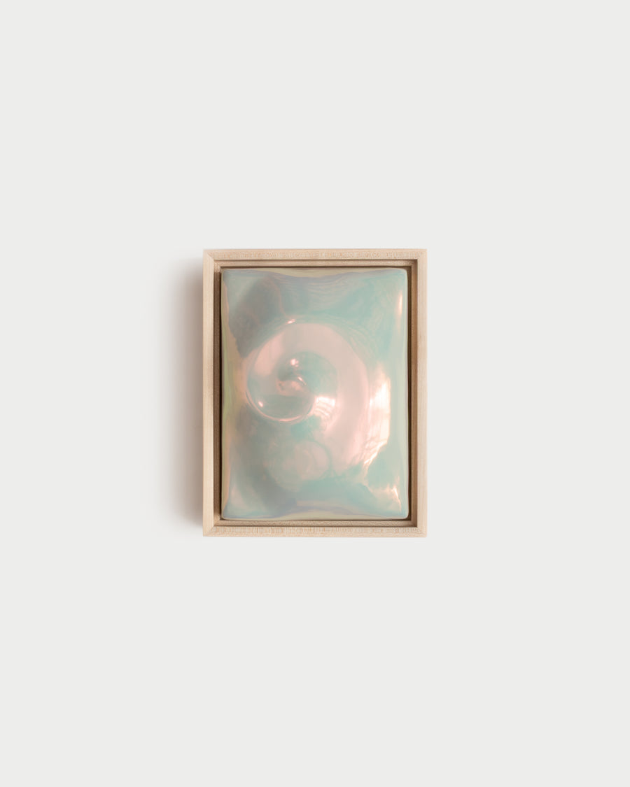 Nautilus 6 x 8 ceramic wall relief with a raised spiral form and light iridescent glaze
