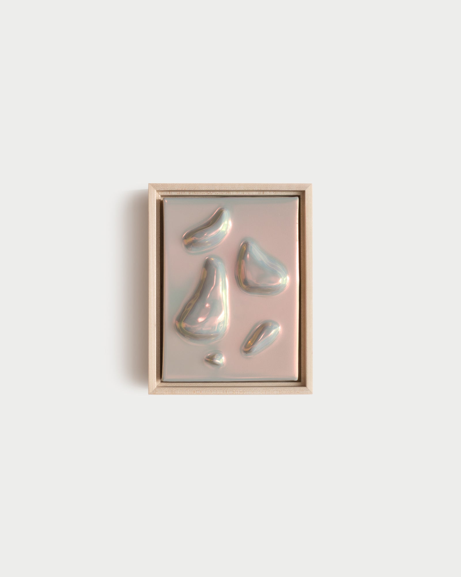 Relics Gathering 6x8" ceramic wall relief with clustered raised relic forms and soft taupe iridescent glaze