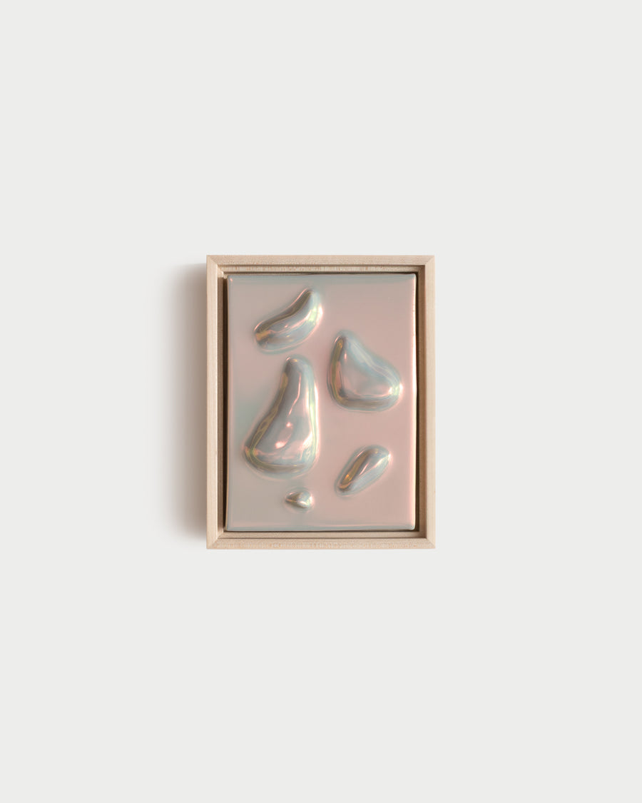 Relics Gathering 6x8" ceramic wall relief with clustered raised relic forms and soft taupe iridescent glaze