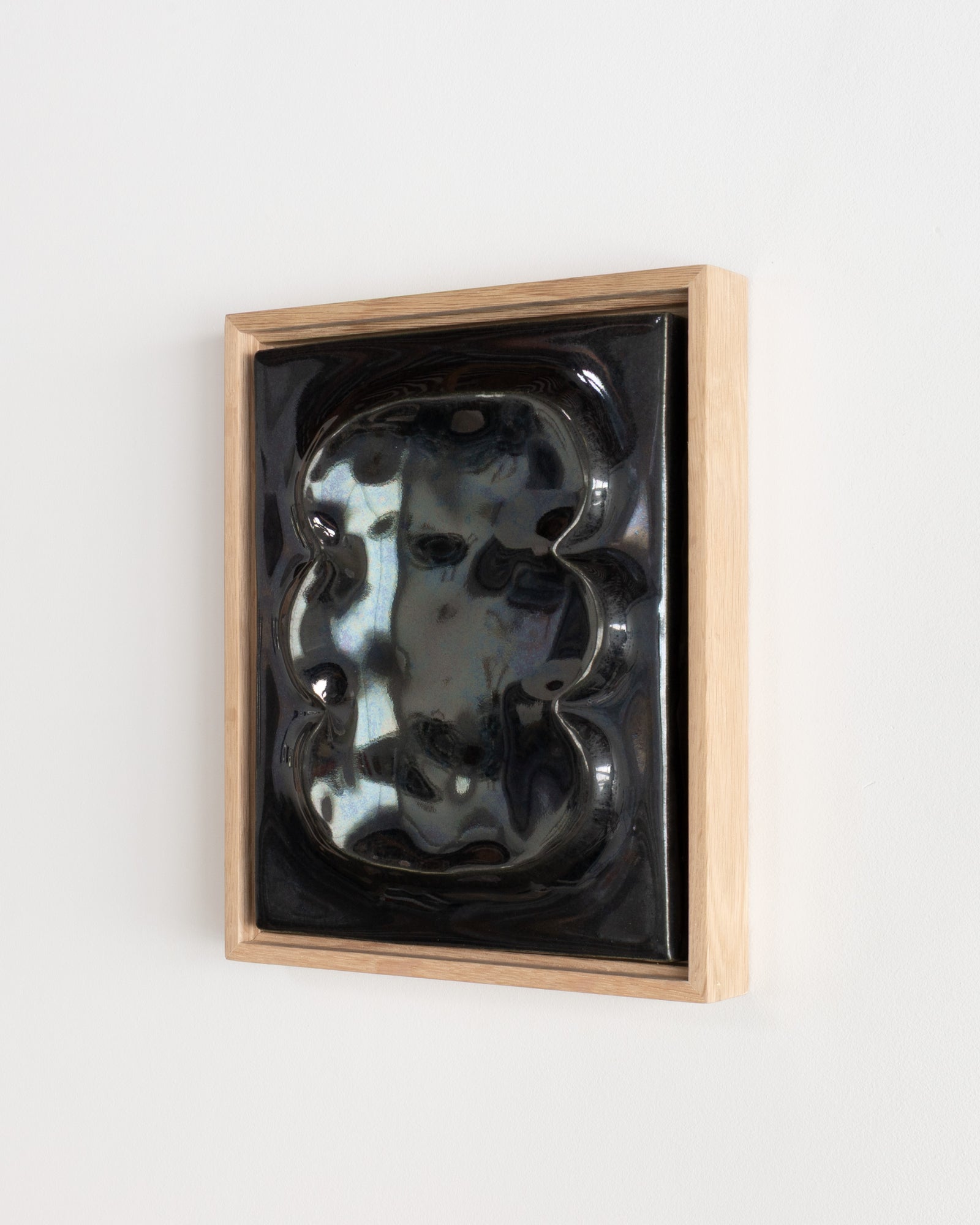 Angled view of a black framed ceramic wall relief with raised organic forms