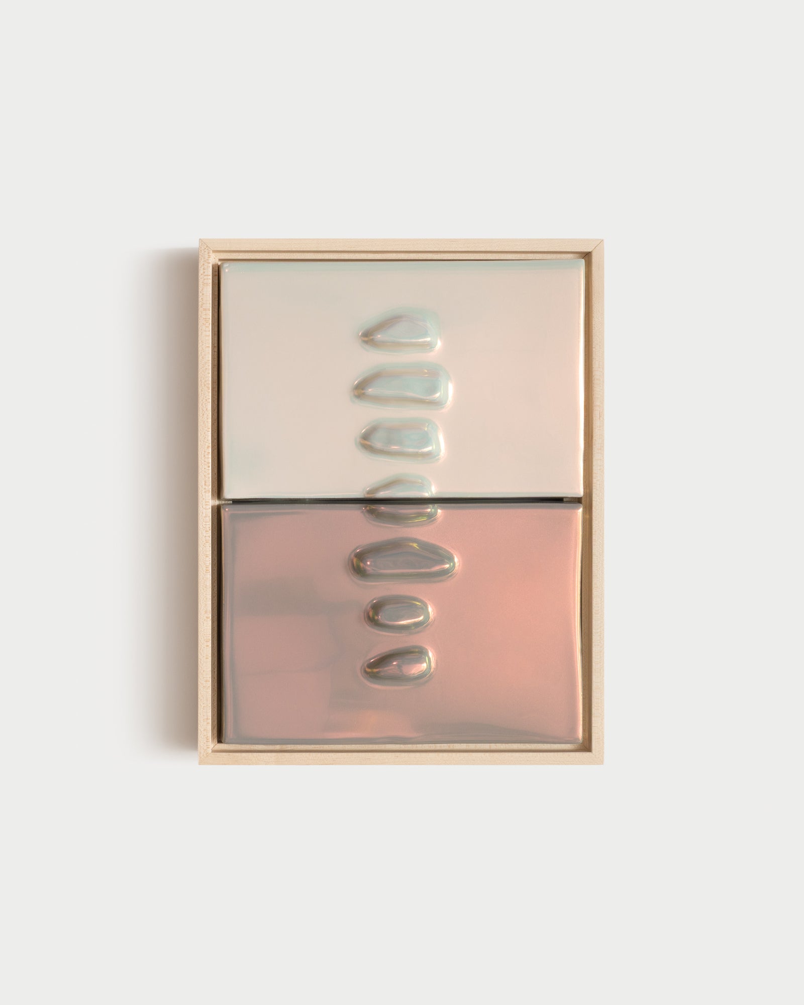 Duo Formations 9x12" ceramic wall relief with a two-panel raised formation and light taupe iridescent glaze