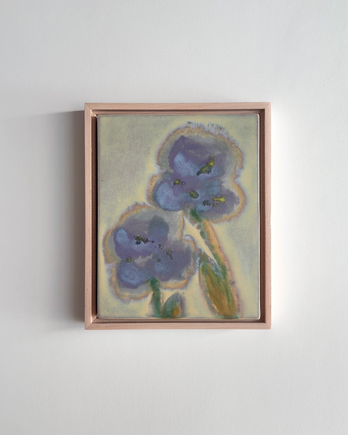 Video of "A Leaning" 8x10" framed glaze painting with blue flowers on a pale green background