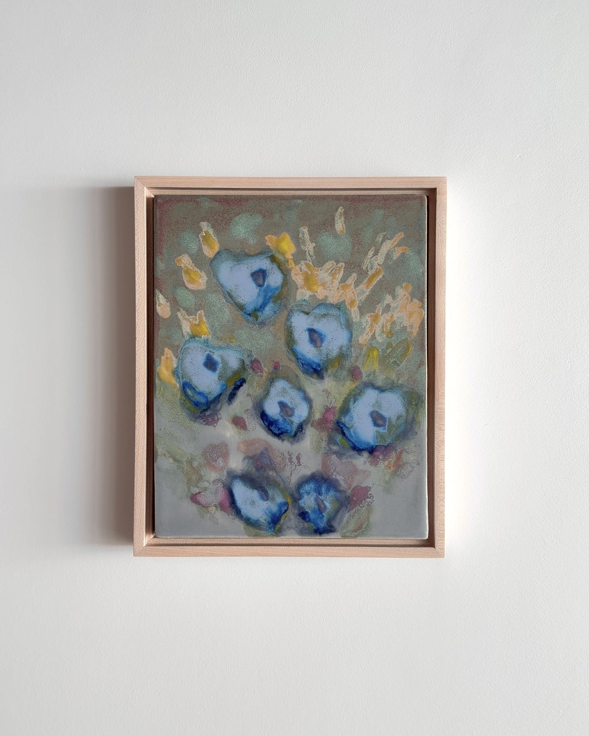 Video of "Meadow" 8x10" framed glaze painting with blue flowers and yellow marks