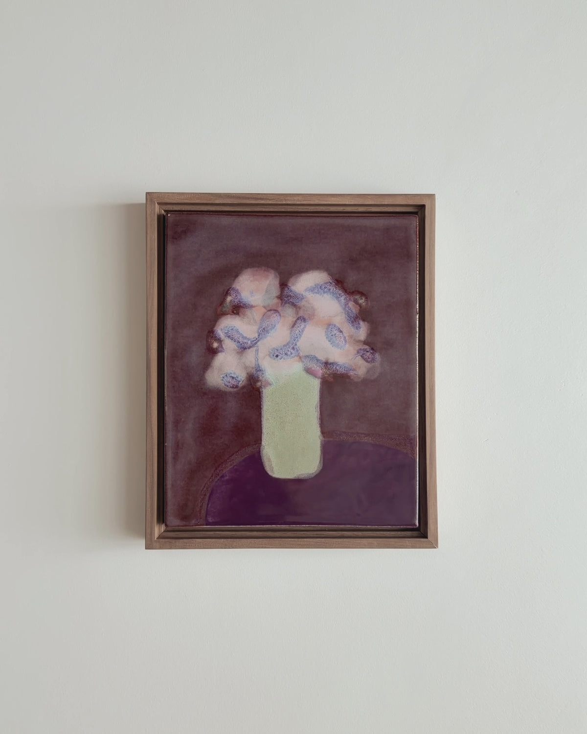 Video of "A Taller Vase" 8x10" framed glaze painting with pale flowers in a green vase